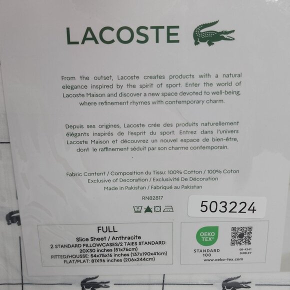Lacoste Full/Double Sheet Set 100% Cotton Percale Lightweight Black White - Picture 2 of 6